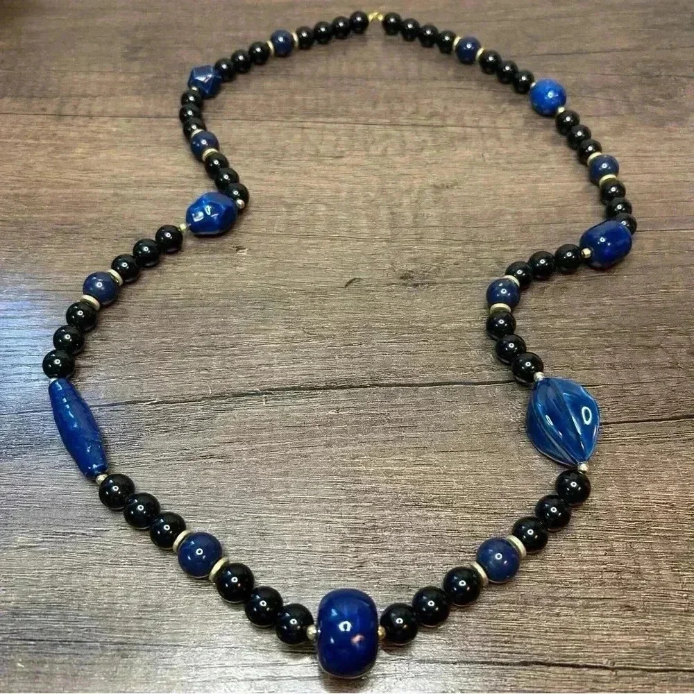 Chunky Black Blue and Gold Beaded Long Necklace